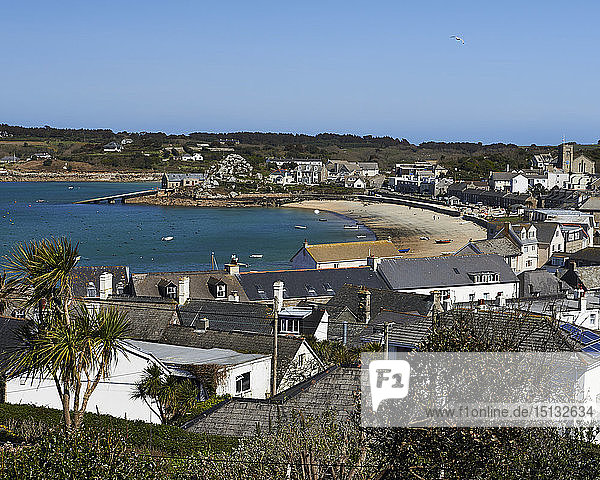A sunny day over the rooftops of Hugh Town  St. Mary's  Isles of Scilly  England  United Kingdom  Europe