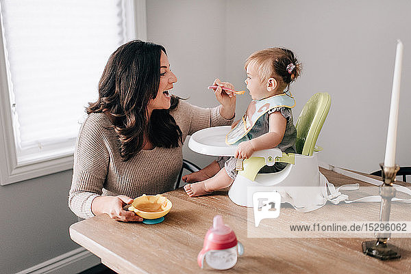 Mother feeding baby daughter in child seat on kitchen table