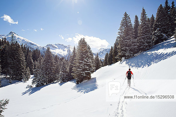 Mature man snowshoeing in snow covered mountain forest  distant rear view  Styria  Tyrol  Austria