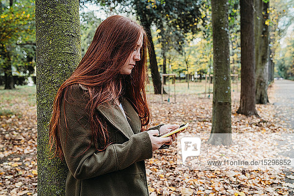 Junge Frau mit langen roten Haaren im Herbstpark mit Blick auf Smartphone