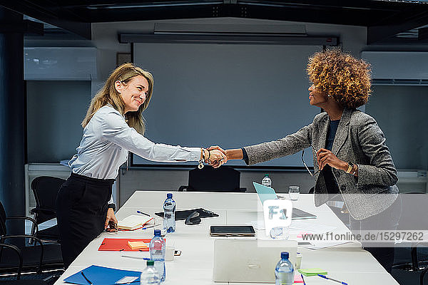 Business partners shaking hands at meeting in office