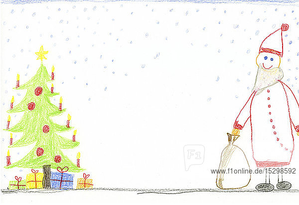 Kinderzeichnung mit geschmücktem Weihnachtsbaum  Geschenken und lächelndem Weihnachtsmann