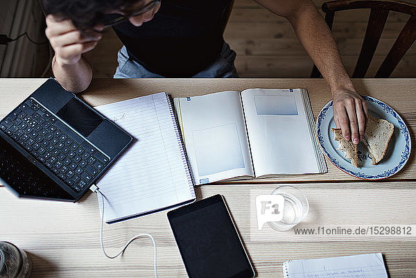 Schrägansicht eines engagierten jungen Mannes  der Hausaufgaben macht  während er ein Sandwich bei Tisch isst