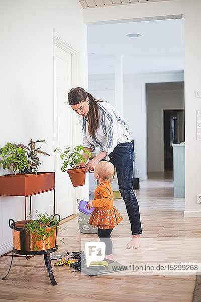 Fashion designer and daughter gardening while standing on hardwood floor at home