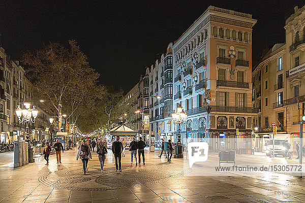 View to Las Ramblas with Casa Bruno Cuadros on the right Barcelona Spain