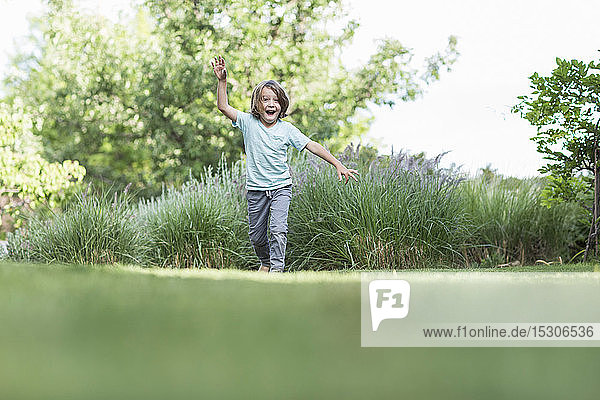 5 year old boy running on green lawn