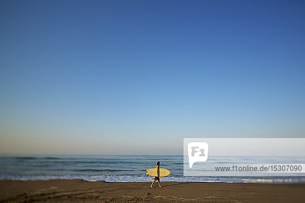 Männlicher Surfer mit Surfbrett am sonnigen  ruhigen Strand  Platinitos  Nayarit  Mexiko
