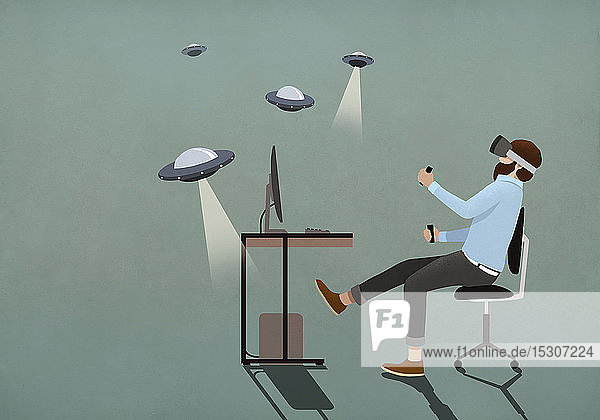 Mann spielt UFO-Videospiel mit Virtual-Reality-Simulatorbrille