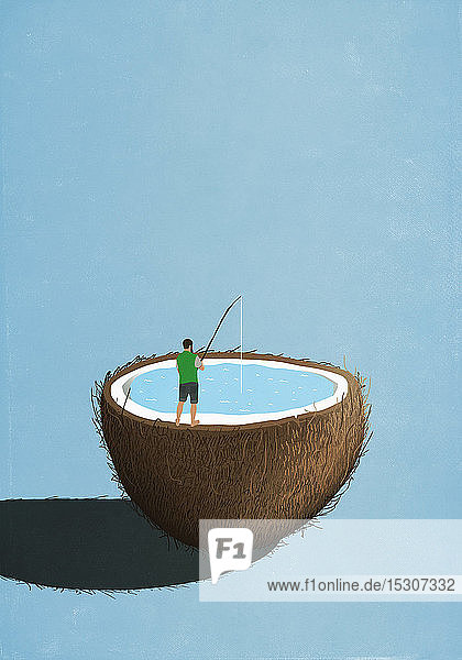Mann beim Fischen in einer Kokosnuss
