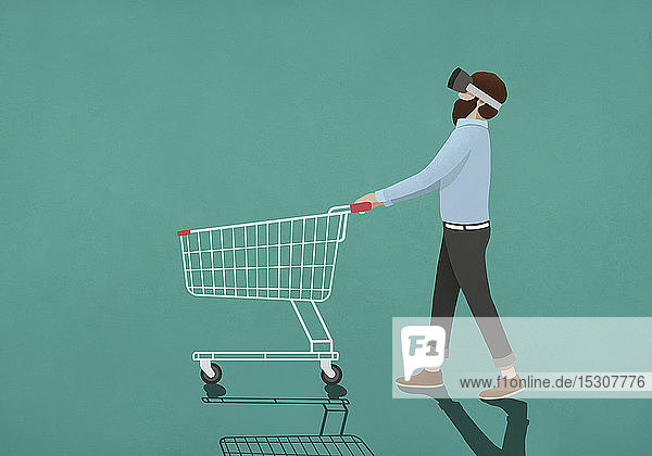 Mann mit Virtual-Reality-Simulator  der einen Einkaufswagen schiebt