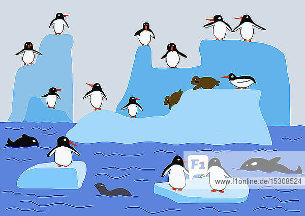 Kinderzeichnung von Pinguinen Robben und Walen in der Antarktis