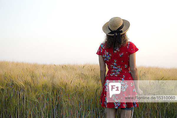Back view of woman wearing straw hat and red summer dress with floral design standing in front of grain field