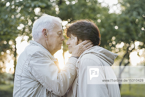 Profil eines älteren verliebten Paares bei Sonnenuntergang