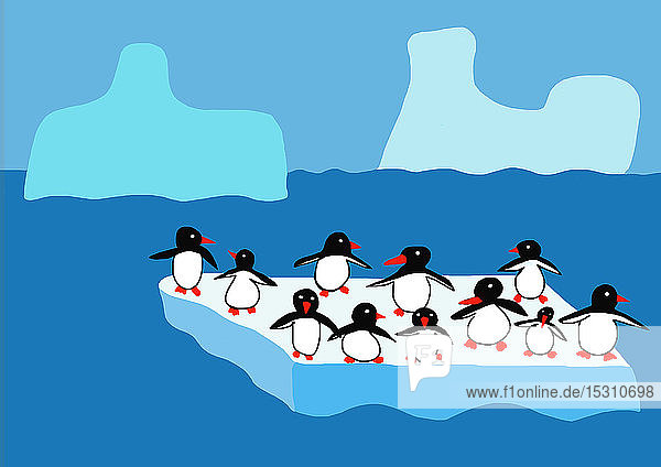 Kinderzeichnung von Pinguinen auf Eisscholle im Meer
