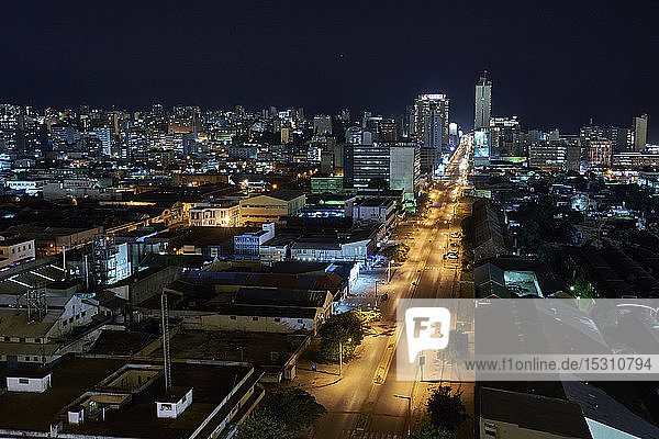 Drone night view of Baixa neighborhood  Maputo  Mozambique