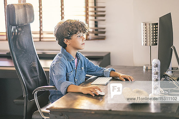 Boy sitting at desk at home using personal computer