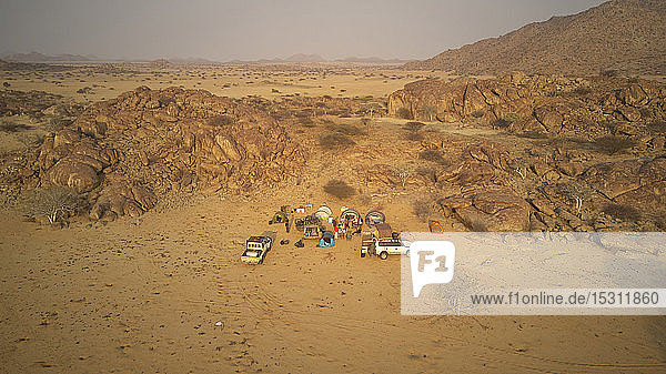 Aerial view of expedition of 4x4 cars  Camp in the Iona National Park  Angola  Africa