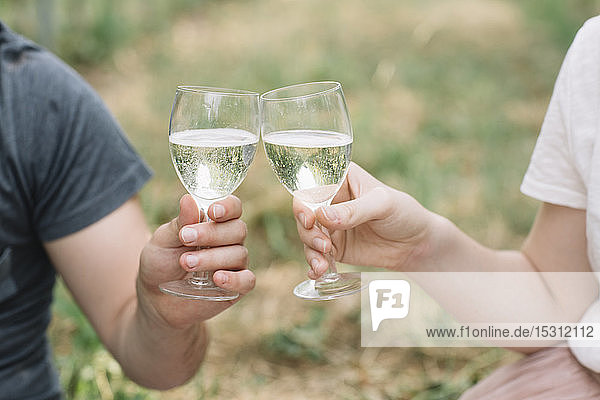 Junges Paar trinkt in den Weinbergen mit Prosecco  Nahaufnahme