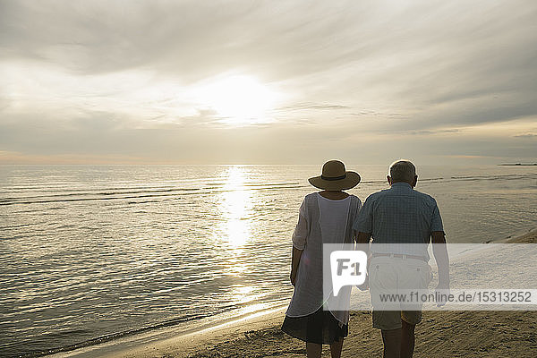 Rückenansicht eines älteren Ehepaares  das bei Sonnenuntergang Hand in Hand am Strand spazieren geht  Liepaja  Lettland
