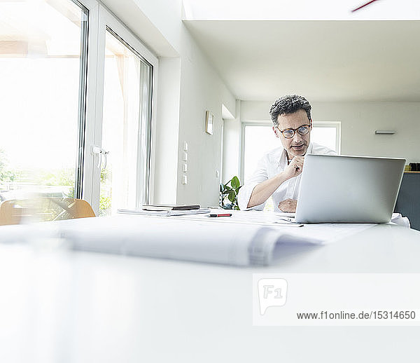 Architect sitting in bright office using laptop