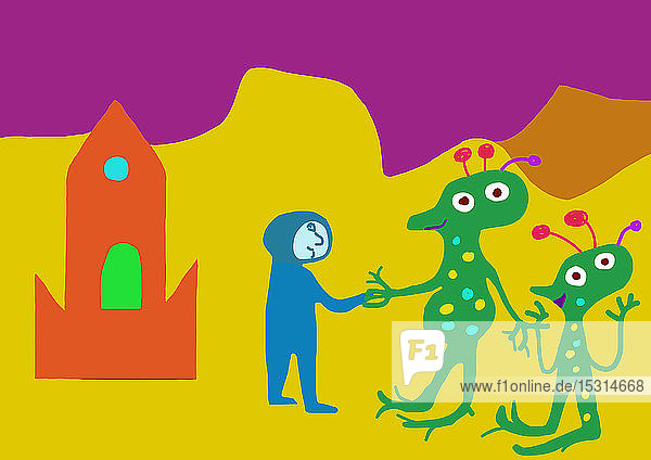 Kinderzeichnung eines Astronauten der Aliens die Hand schüttelt