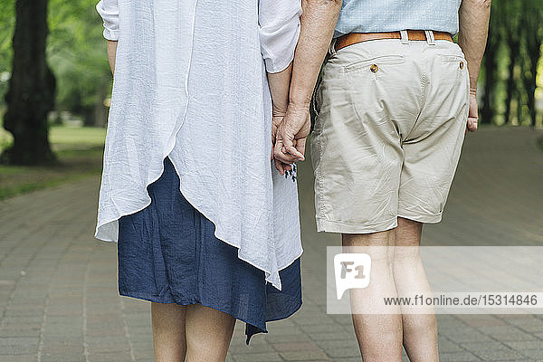 Back view of senior couple holding hands  partial view
