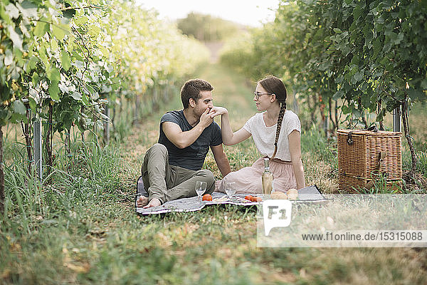 Junges verliebtes Paar beim Picknick in den Weinbergen