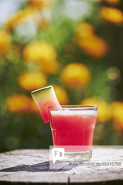 Nahaufnahme eines frischen Wassermelonen-Cocktails im Glas auf einem Baumstumpf im Garten