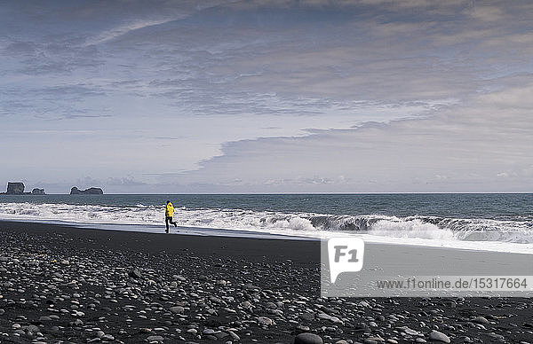 Erwachsener Mann rennt an einem Lavastrand in Island
