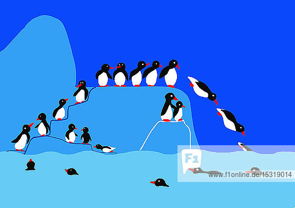 Kinderzeichnung von Pinguinen auf Eisberg die ins Wasser springen