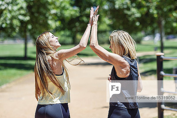 Athletische reife Frau und ihre Tochter beim High Fiving in einem Park