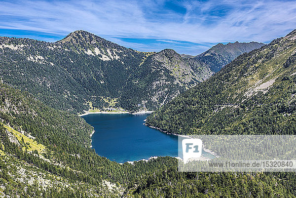 France Hautes-Pyrenees Haute Vallee d'Aure Neouvielle National Nature Reserve the Oredon lake seen from the Cap de Long dam