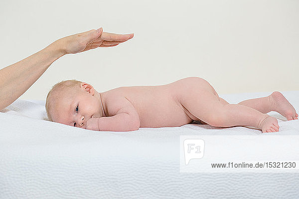 Naked 2-month-old baby lying on his stomach on a white bed with his mother's hand over his head.