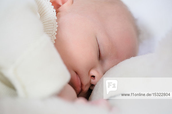 Kleiner Säugling in weißem Schlafanzug von 2 Monaten schläft auf einem weißen Bettchen Nase an Nase mit seinem großen Teddybär.