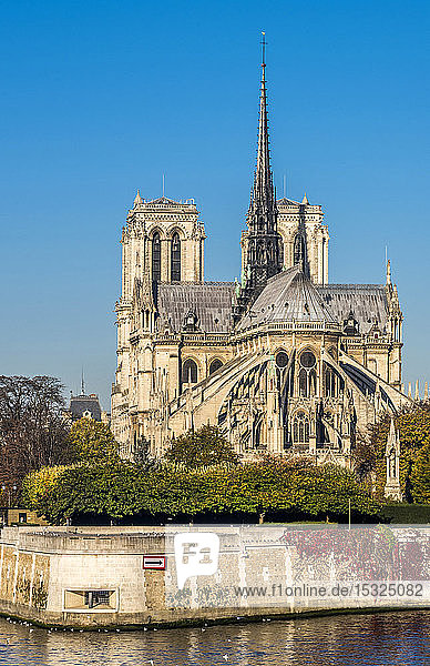 Frankreich  Paris  4. Arrondissement  Ile de la Cite  Apsis der Kathedrale Notre-Dame von Paris am Ufer der Seine  gesehen vom Quai Montebello