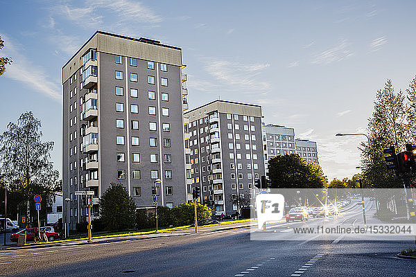 Apartment buildings next to a road in Hasselby Stockholm