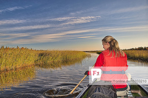 canoeing on Yllasjarvi Lake  Ruska time (autumn) Lapland  Finland
