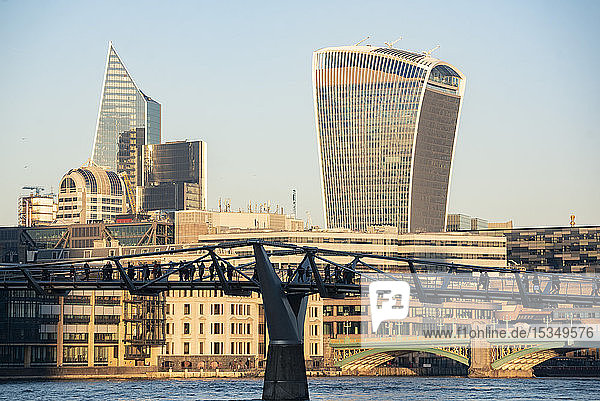 Millennium Bridge and Walkie Talkie building in The City of London  London  England  United Kingdom  Europe