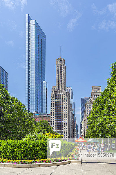View of skyscrapers from Millennium Park  Downtown Chicago  Illinois  United States of America  North America