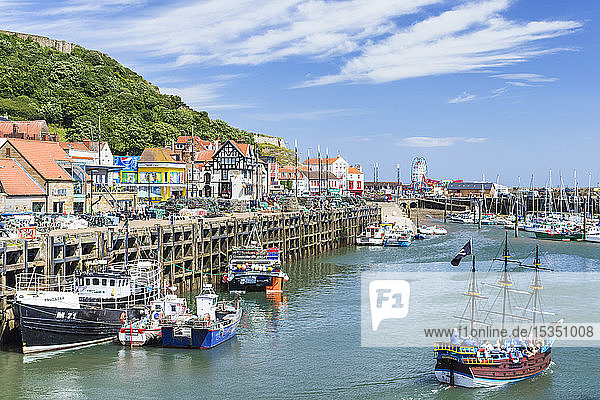 Tourist boat trips from Scarborough harbour in South Bay  Scarborough  North Yorkshire  England  United Kingdom  Europe