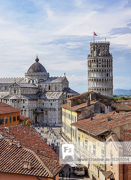 View over Via Santa Maria towards Cathedral and Leaning Tower UNESCO World Heritage Site Pisa Tuscany Italy Europe