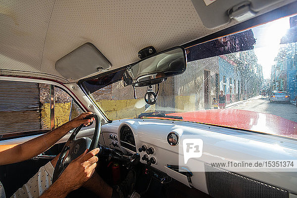 Interior of a vintage car driving in Havana  Cuba  West Indies  Caribbean  Central America
