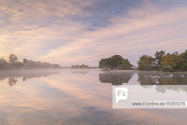 Hatchet Pond reflektiert einen schönen rosa Sonnenaufgang  Beaulieu  New Forest  England  Vereinigtes Königreich  Europa