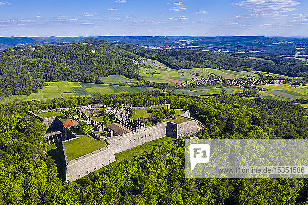 Aerial by drone of Fortress Rothenberg Franconia Bavaria Germany Europe