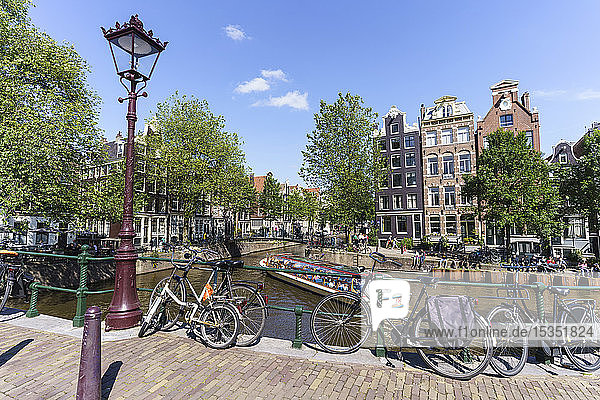 Tourist boat on Brouwersgracht canal Amsterdam North Holland The Netherlands Europe