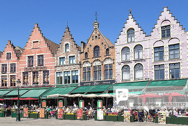 Cafes in the Market Square in the centre of Bruges  West Flanders  Belgium  Europe