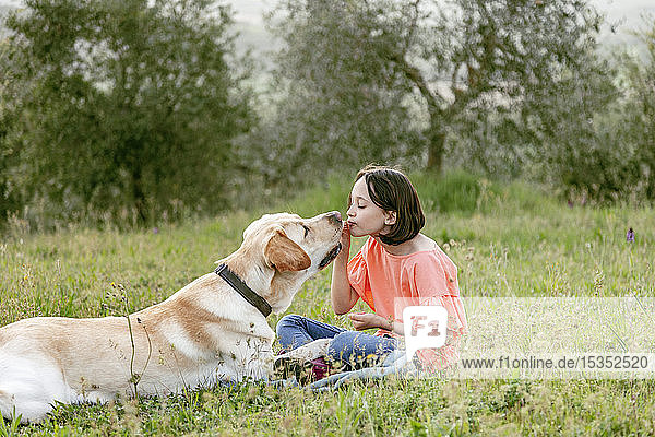 Mädchen sitzt von Angesicht zu Angesicht mit Labradorhund in Feldlandschaft  Citta della Pieve  Umbrien  Italien
