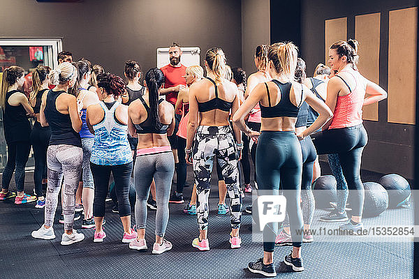 Gruppe von Frauen  die im Fitnessstudio trainieren  dem männlichen Trainer zuhören  Rückansicht