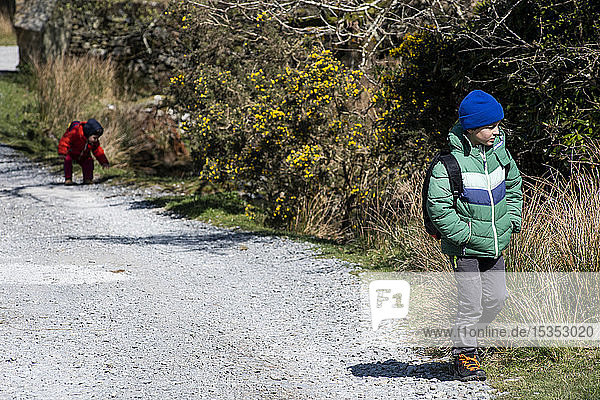 Jungen erkunden den Nationalpark  Llanaber  Gwynedd  Vereinigtes Königreich