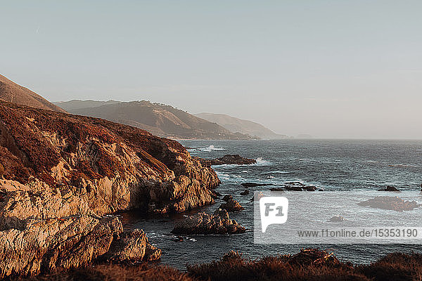 Scenic view of cliffs and misty coastline  Big Sur  California  United States